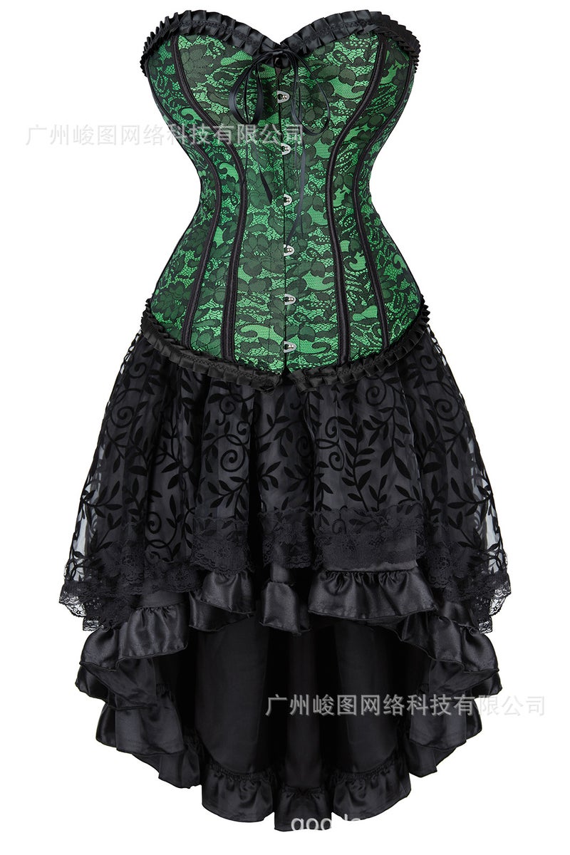 Classic Lotus Leaf Lace Jacquard Adjustable Court Body Shaping Split Set Flocking Luxury Long Dress - Image 1