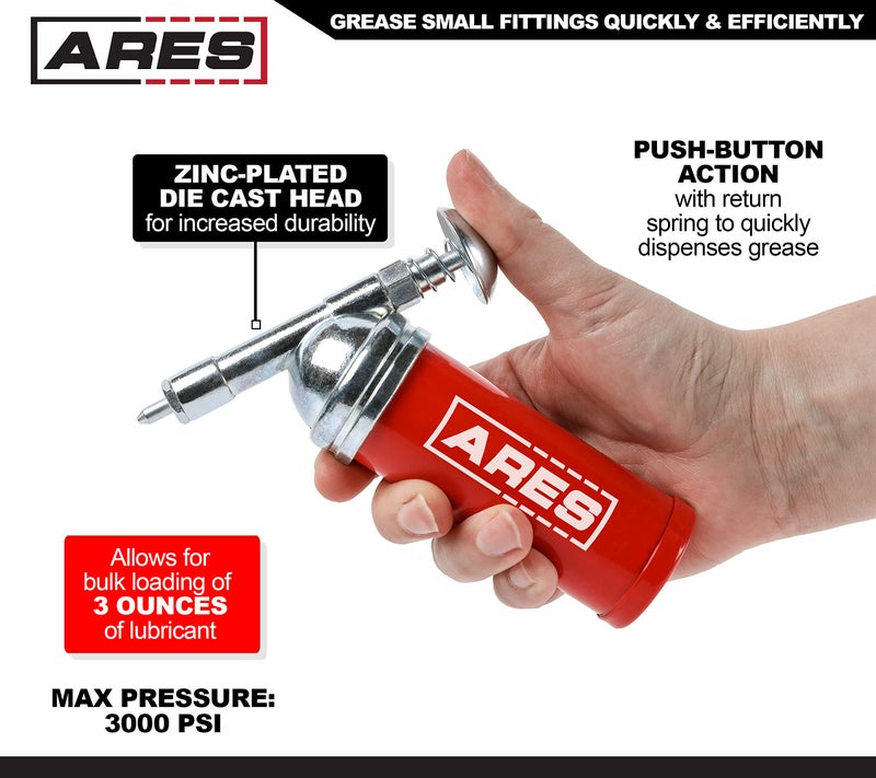 ARES 53010 â€“ 3-Ounce Push-Type Mini Grease Gun - Needle Nozzle Easily Greases Small Fittings â€“ One-Handed Operation - 3000 PSI Working Pressure - Image 2