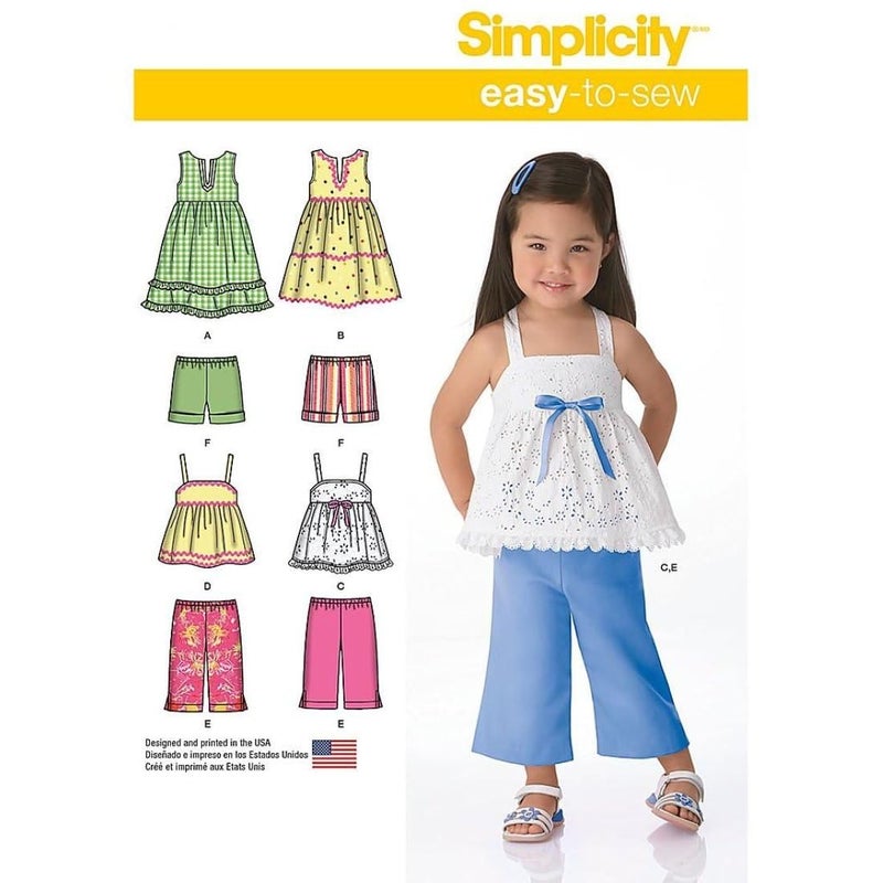 Simplicity 1451 Easy to Sew Toddler Girls Dress Top Cropped Pants and Shorts Sewing Patterns Sizes 124