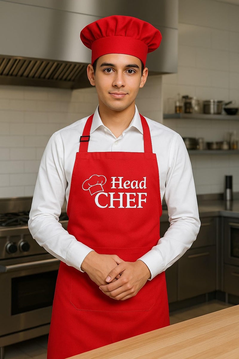 Switchon Polyester Printed Free Size Chef's Cooking Kitchen Apron With Cap - Head Chef (Red) - Image 4