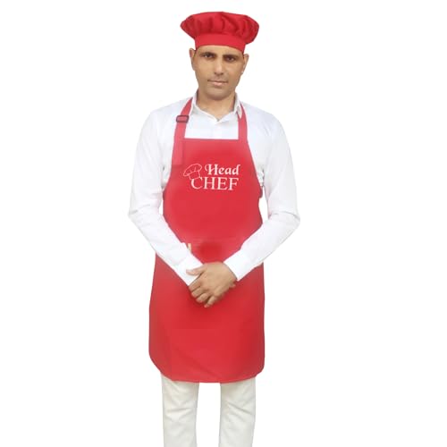 Switchon Polyester Printed Free Size Chef's Cooking Kitchen Apron With Cap - Head Chef (Red) - Image 1