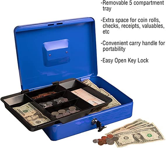 Lukia 10 inch Steel Cash Box (Money Storage Box/Coin Box) with Coin Compartments | Cash Box with Lock and Key - Image 3