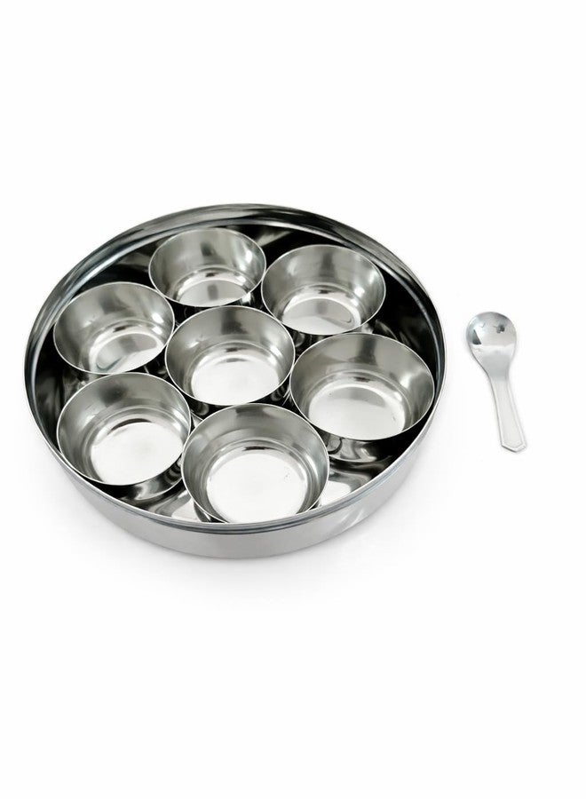 Duodeno Stainless Steel Indian Masala Dabba (20 cm) | 7 Compartments Spice Cups + Spoon | Airtight Kitchen Spice Round Storage Box (Silver) - Image 3