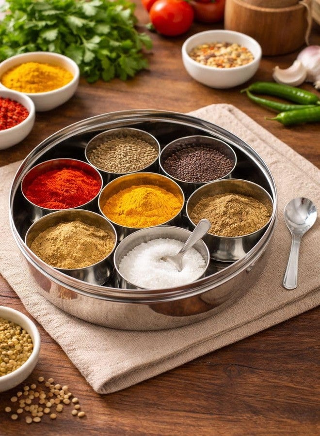 Duodeno Stainless Steel Indian Masala Dabba (20 cm) | 7 Compartments Spice Cups + Spoon | Airtight Kitchen Spice Round Storage Box (Silver) - Image 1