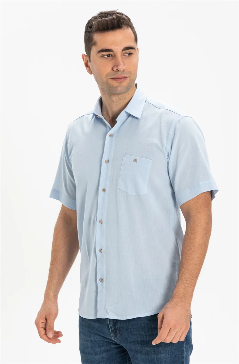 Eliş Şile Bezi Short Sleeve Şile Cloth Single Pocket Men's Shirt Ice Blue 3027