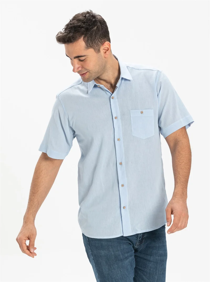 Eliş Şile Bezi Short Sleeve Şile Cloth Single Pocket Men's Shirt Ice Blue 3027
