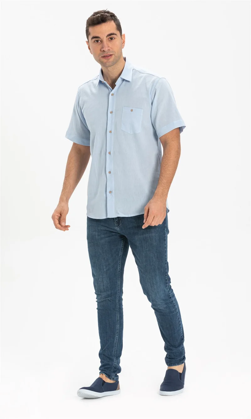 Eliş Şile Bezi Short Sleeve Şile Cloth Single Pocket Men's Shirt Ice Blue 3027
