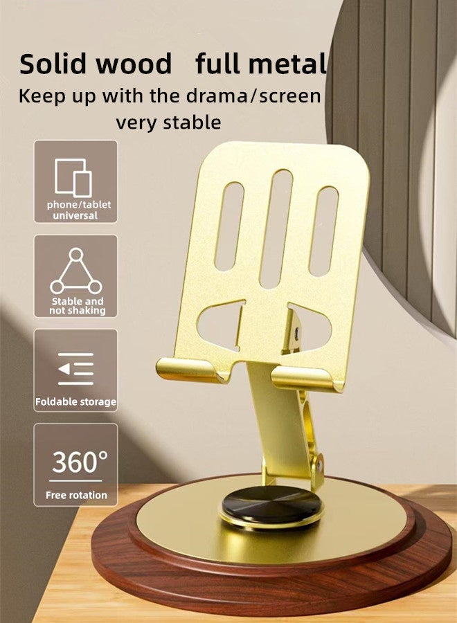 Folding Desktop Phone Stand,Phone Holder,Mobile and Tablet Stand,360° Swivelling Solid Wood Base+All-Metal Adjustable Collapsible Premium Phone Holder,Phone Mount ,Compatible with iPhone,iPad,Android Mobile Phones and Tablets for Office/Live/Movie Watching,Mount,Mobile and Tablet Holder Premium-Gold - Image 1