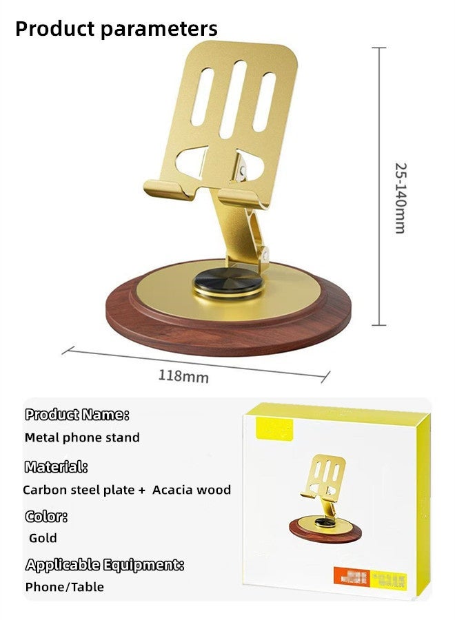 Folding Desktop Phone Stand,Phone Holder,Mobile and Tablet Stand,360° Swivelling Solid Wood Base+All-Metal Adjustable Collapsible Premium Phone Holder,Phone Mount ,Compatible with iPhone,iPad,Android Mobile Phones and Tablets for Office/Live/Movie Watching,Mount,Mobile and Tablet Holder Premium-Gold - Image 2