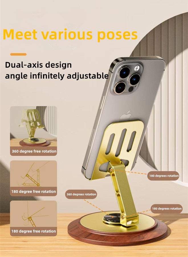 Folding Desktop Phone Stand,Phone Holder,Mobile and Tablet Stand,360° Swivelling Solid Wood Base+All-Metal Adjustable Collapsible Premium Phone Holder,Phone Mount ,Compatible with iPhone,iPad,Android Mobile Phones and Tablets for Office/Live/Movie Watching,Mount,Mobile and Tablet Holder Premium-Gold - Image 4