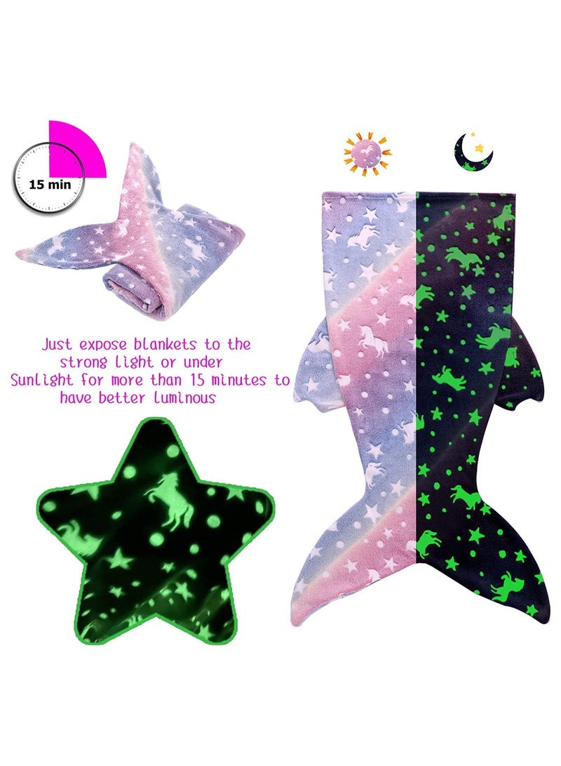 Mermaid Tail Blanket, Glow in The Dark, Super Soft Plush Flannel Sleeping Bag, Star and Unicorn Design Snuggle Blanket, for Girls Age 1-10 - Image 3