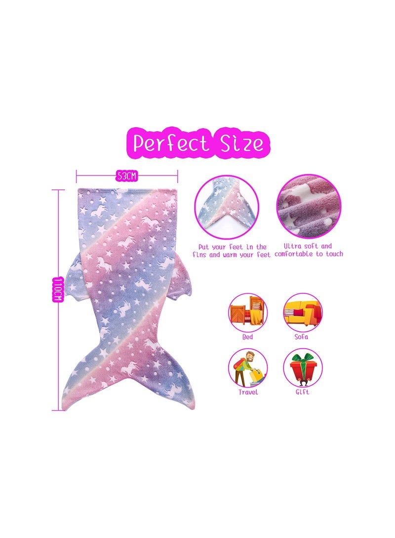 Mermaid Tail Blanket, Glow in The Dark, Super Soft Plush Flannel Sleeping Bag, Star and Unicorn Design Snuggle Blanket, for Girls Age 1-10 - Image 2