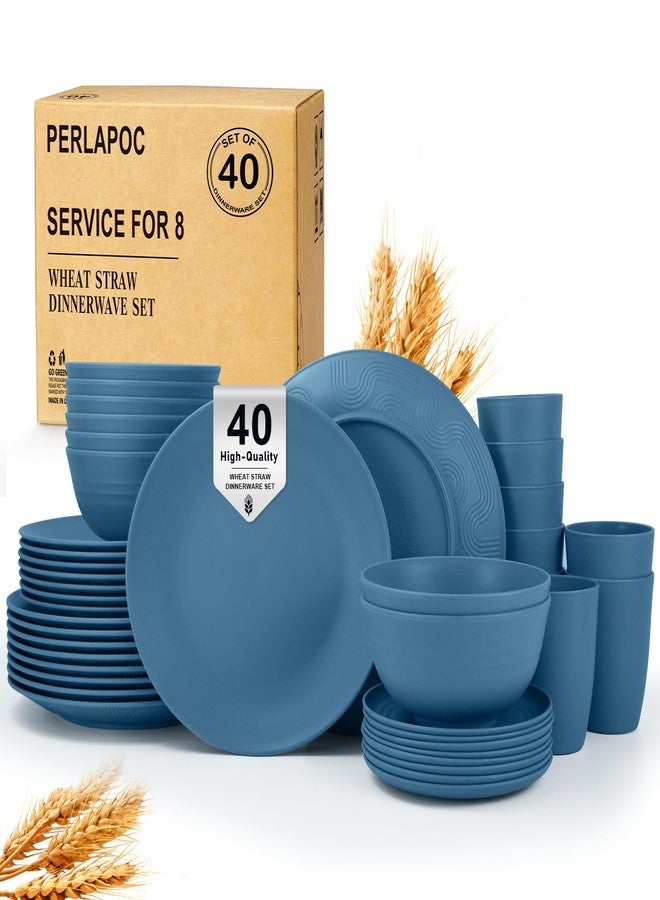 Perlapoc 40-Piece Wheat Straw Dinnerware Sets,Unbreakable Dishes Set for 8 - Drinking Cups, Plates and Bowls Sets, Reusable Microwave Safe Dinnerware Set for Home, Outdooor, RVs - Blue - Image 1