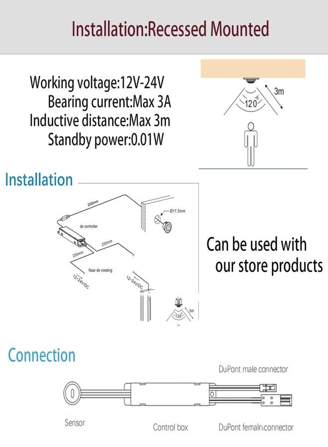VST Motion Sensor Light Switch, IR Sensor Switch, Led Light Automatic Door Switch for Closet Light Under Cabinets Counters Wardrobes with 12V JST Male and Female (DC 12/24V 5A) - Image 4