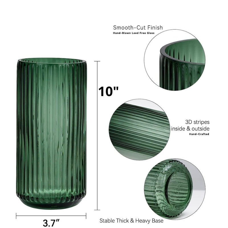 DECORPIA 10 Inch Premium Thickened Green Glass Vase - Ribbed Glass Flower Vase for Rustic Home Decor  Decorative Vases for Flowers for Modern Farmhouse  Ideal for Shelf  Mantle  Table Entryway D?cor - Image 3