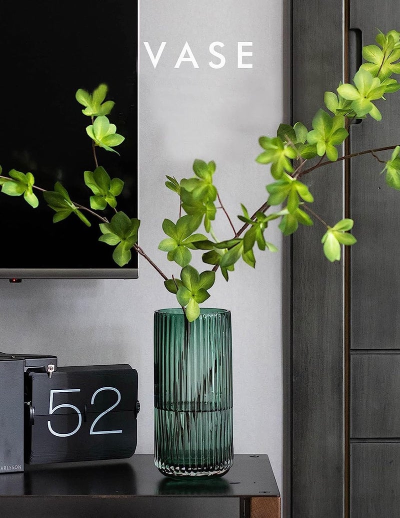 DECORPIA 10 Inch Premium Thickened Green Glass Vase - Ribbed Glass Flower Vase for Rustic Home Decor  Decorative Vases for Flowers for Modern Farmhouse  Ideal for Shelf  Mantle  Table Entryway D?cor - Image 4