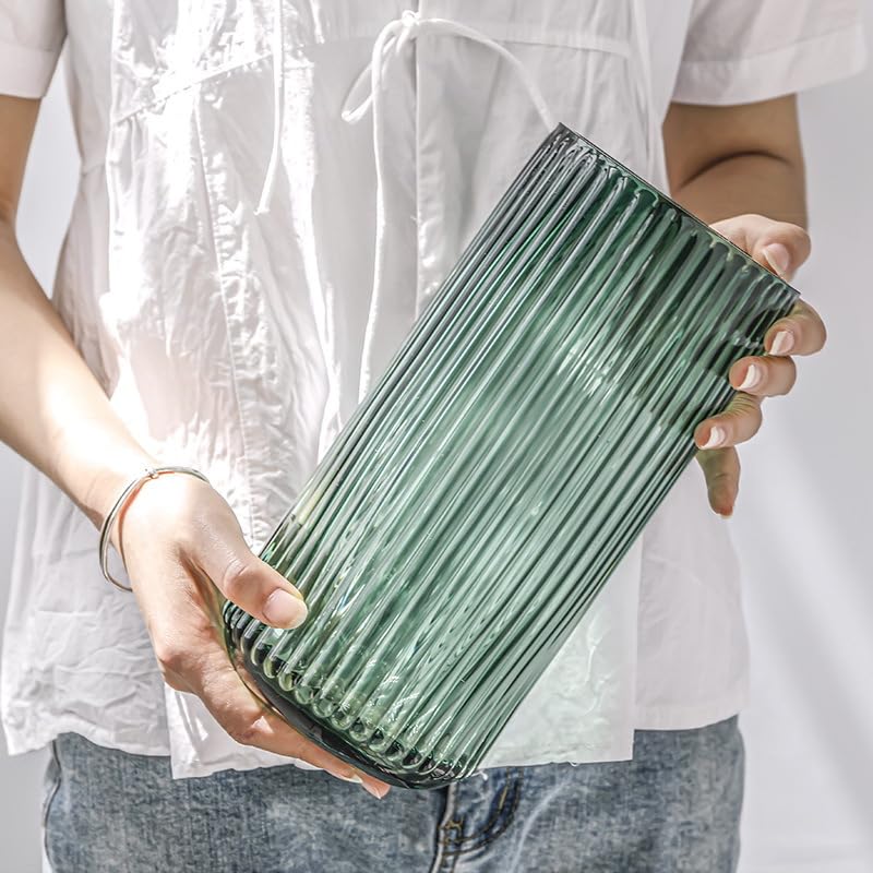 DECORPIA 10 Inch Premium Thickened Green Glass Vase - Ribbed Glass Flower Vase for Rustic Home Decor  Decorative Vases for Flowers for Modern Farmhouse  Ideal for Shelf  Mantle  Table Entryway D?cor - Image 5