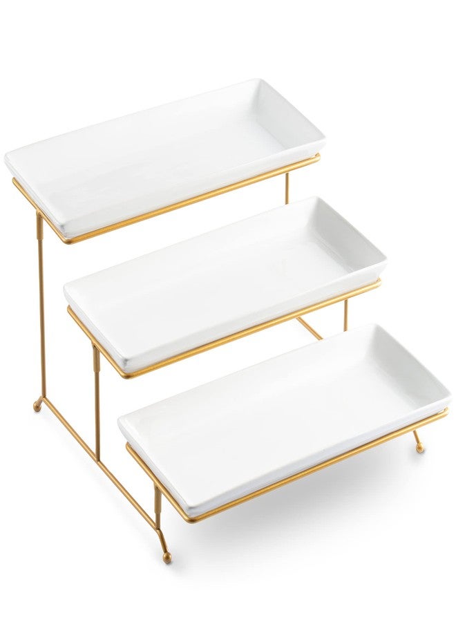 LYEOBOH 3 Tier Serving Stand and Platters Set Large Tiered Serving Platters with Collapsible Sturdier Rack 14 Inches Tiered Serving Tray for Appetizer Fruit, Dessert and Cupcake, White - Image 1