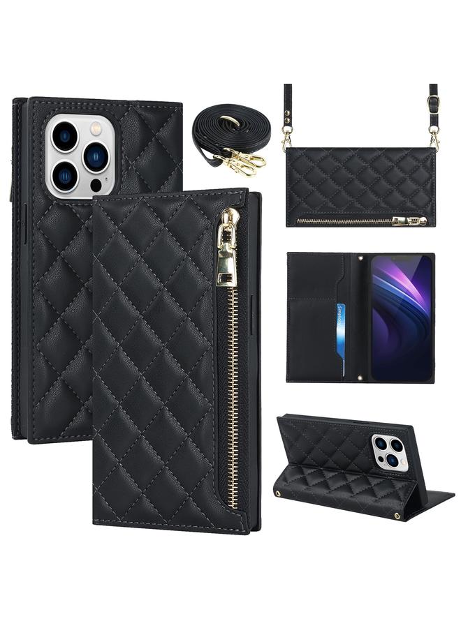 Zaboon Case For iPhone 13 Pro Max Grid Texture Lanyard Zipper Leather Phone Case - Image 1