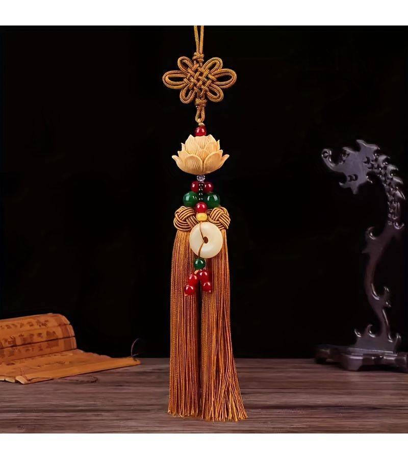 New Yellow Green Tassel Car Hanging Ornament Artificial Jade Lotus Rearview Mirror Decor - Image 4