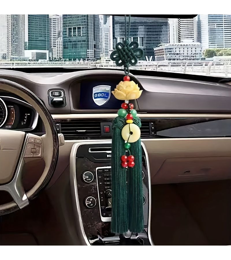New Yellow Green Tassel Car Hanging Ornament Artificial Jade Lotus Rearview Mirror Decor - Image 3