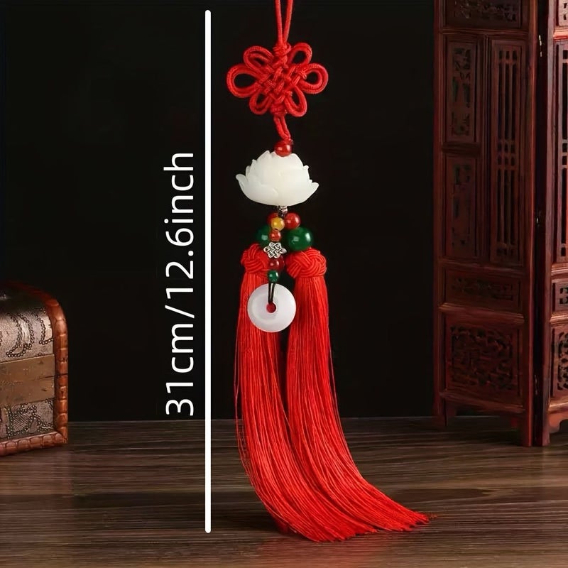 New Yellow Green Tassel Car Hanging Ornament Artificial Jade Lotus Rearview Mirror Decor - Image 2