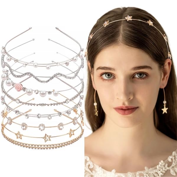 Yxiang 8PCS Crystal Headbands for Women Pearls Flower Hairbands Fashion Rhinestone Headband Gold Sliver Metal Decorative Headpiece Headdress Kid Girl Women Bride