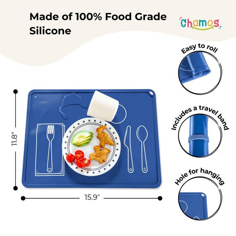 CHAMOS Montessori Placemat for Toddlers - Kids Silicone Mats for Dining Table - Set of 2 - Table Setting Learning (Sapphire and Beige) - Image 2