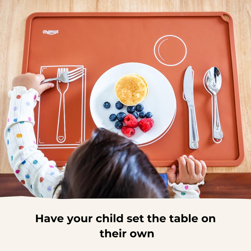 CHAMOS Montessori Placemat for Toddlers - Kids Silicone Mats for Dining Table - Set of 2 - Table Setting Learning (Sapphire and Beige) - Image 5