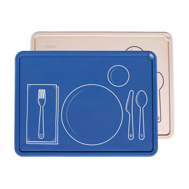 CHAMOS Montessori Placemat for Toddlers - Kids Silicone Mats for Dining Table - Set of 2 - Table Setting Learning (Sapphire and Beige) - Image 1