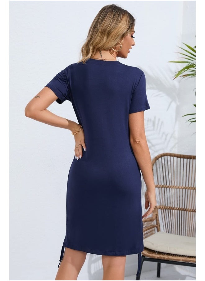 Sosolism - 4 in 1 Women's Maternity Nursing T-Shirt Dress for Breastfeeding Solid Short Sleeve Top Dark Blue - Image 1