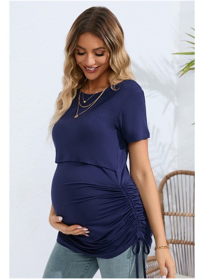 Sosolism - 4 in 1 Women's Maternity Nursing T-Shirt Dress for Breastfeeding Solid Short Sleeve Top Dark Blue - Image 1