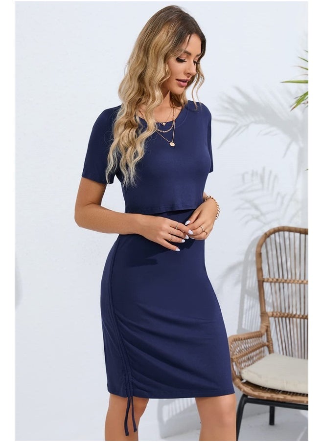 Sosolism - 4 in 1 Women's Maternity Nursing T-Shirt Dress for Breastfeeding Solid Short Sleeve Top Dark Blue - Image 1