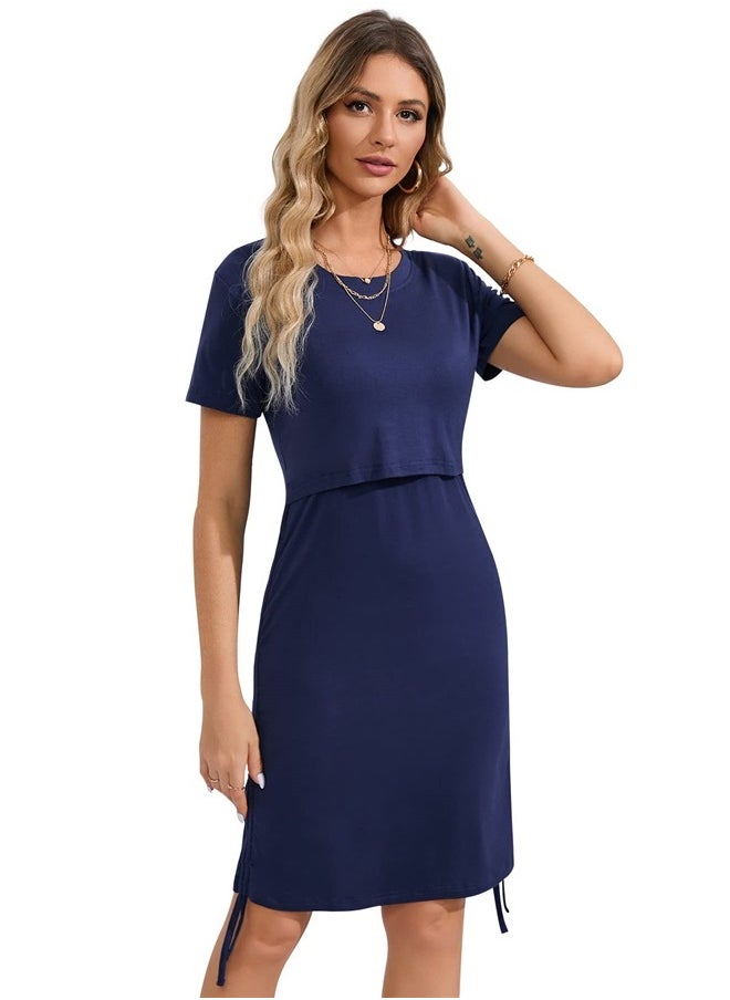 Sosolism - 4 in 1 Women's Maternity Nursing T-Shirt Dress for Breastfeeding Solid Short Sleeve Top Dark Blue - Image 1