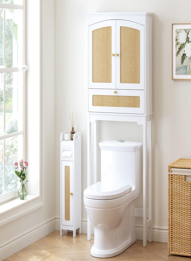 Spirich Small Bathroom Storage Cabinet with Toilet Paper Holder, Narrow Storage Cabinet with Rattan Door and Adjustable Shelf, Freestanding Slim Bathroom Storage Cabinet for Small Spaces, White - Image 2