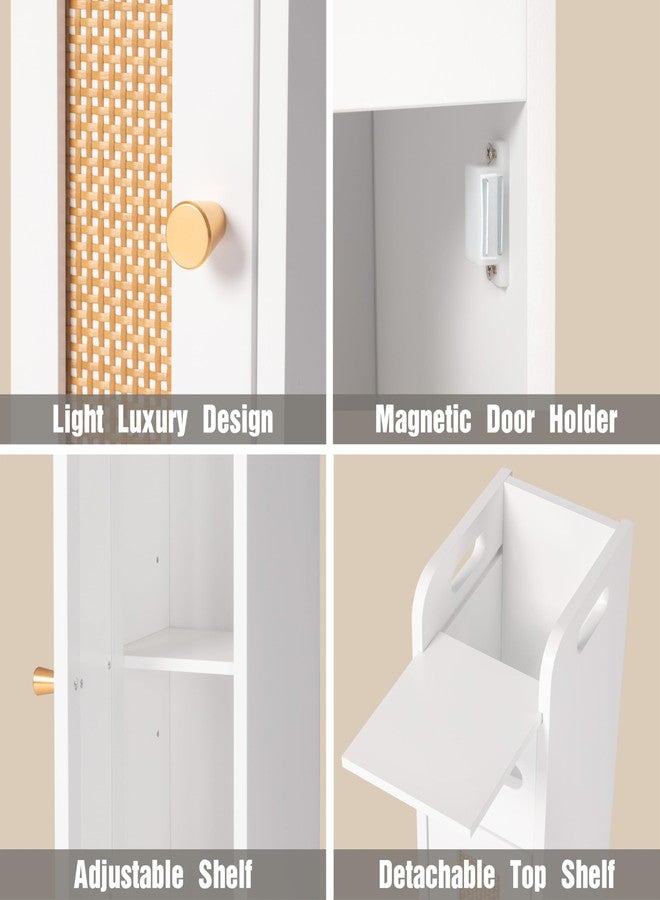 Spirich Small Bathroom Storage Cabinet with Toilet Paper Holder, Narrow Storage Cabinet with Rattan Door and Adjustable Shelf, Freestanding Slim Bathroom Storage Cabinet for Small Spaces, White - Image 5