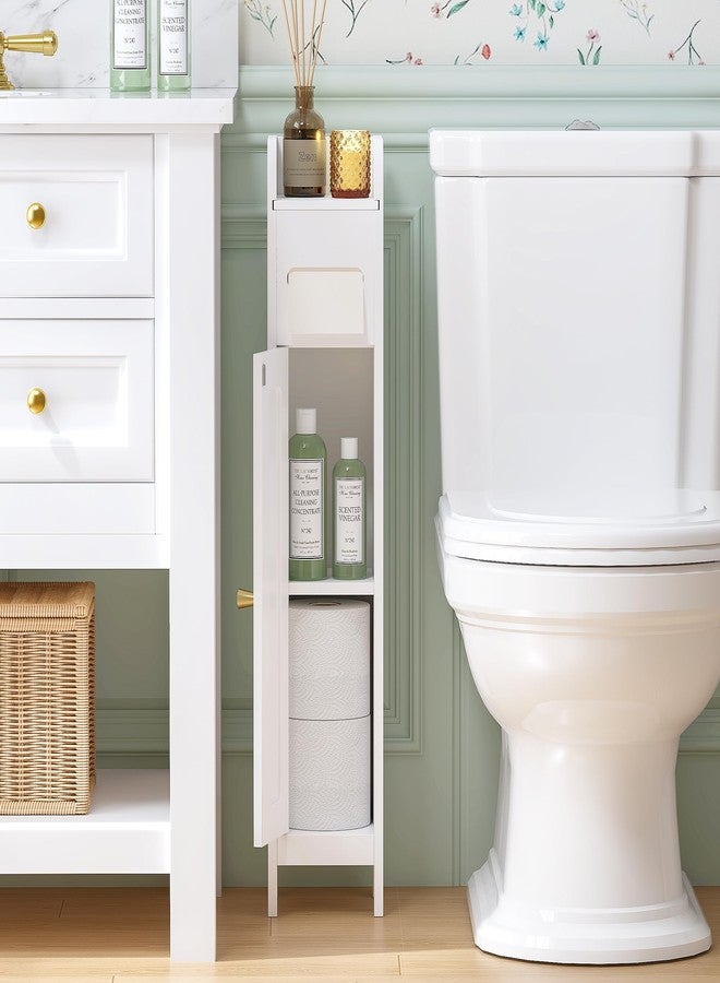 Spirich Small Bathroom Storage Cabinet with Toilet Paper Holder, Narrow Storage Cabinet with Rattan Door and Adjustable Shelf, Freestanding Slim Bathroom Storage Cabinet for Small Spaces, White - Image 4