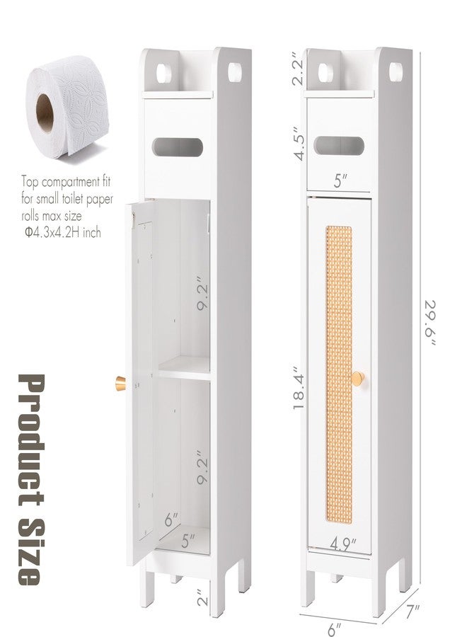 Spirich Small Bathroom Storage Cabinet with Toilet Paper Holder, Narrow Storage Cabinet with Rattan Door and Adjustable Shelf, Freestanding Slim Bathroom Storage Cabinet for Small Spaces, White - Image 3