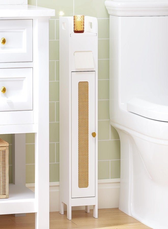 Spirich Small Bathroom Storage Cabinet with Toilet Paper Holder, Narrow Storage Cabinet with Rattan Door and Adjustable Shelf, Freestanding Slim Bathroom Storage Cabinet for Small Spaces, White - Image 1