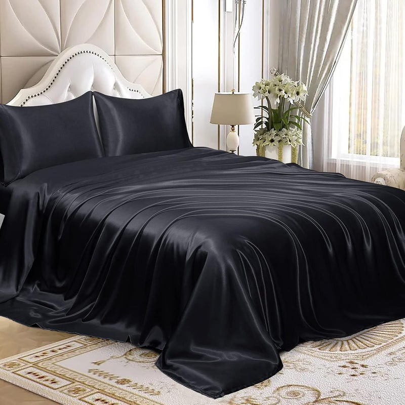 Homiest 4pcs Satin Sheets Set Luxury Silky Satin Bedding Set with Deep Pocket, 1 Fitted Sheet + 1 Flat Sheet + 2 Pillowcases (Cal King Size, Black) - Image 1
