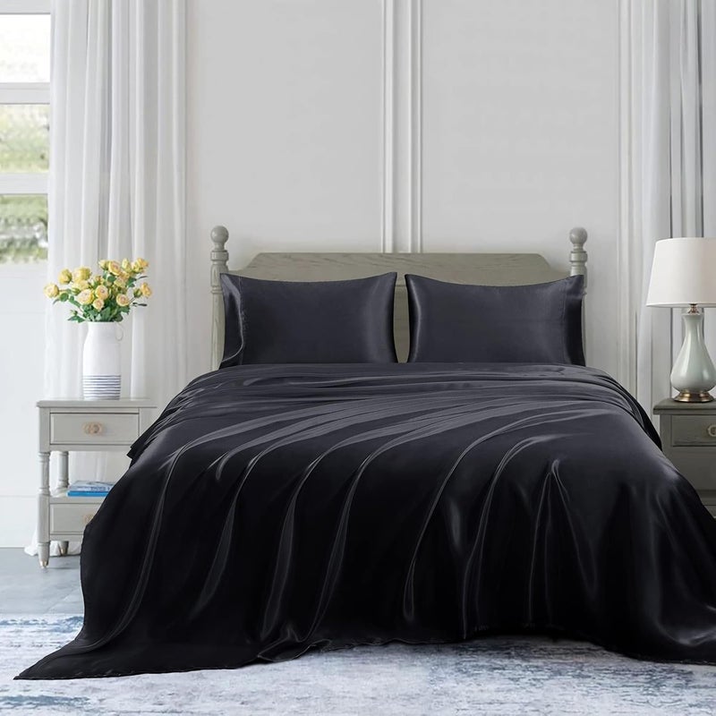 Homiest 4pcs Satin Sheets Set Luxury Silky Satin Bedding Set with Deep Pocket, 1 Fitted Sheet + 1 Flat Sheet + 2 Pillowcases (Cal King Size, Black) - Image 3