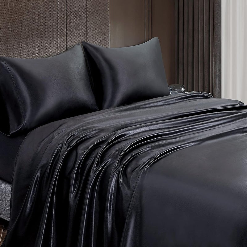Homiest 4pcs Satin Sheets Set Luxury Silky Satin Bedding Set with Deep Pocket, 1 Fitted Sheet + 1 Flat Sheet + 2 Pillowcases (Cal King Size, Black) - Image 4