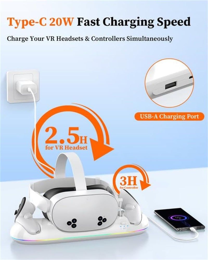 Charging Dock for Meta-Quest 3S/ for Quest 3/2, Magnetic Charging Station for Quest 3S/3/2 Accessories with 2 Rechargeable Batteries, RGB Light Charging Dock for VR Headset  Controllers - Image 4