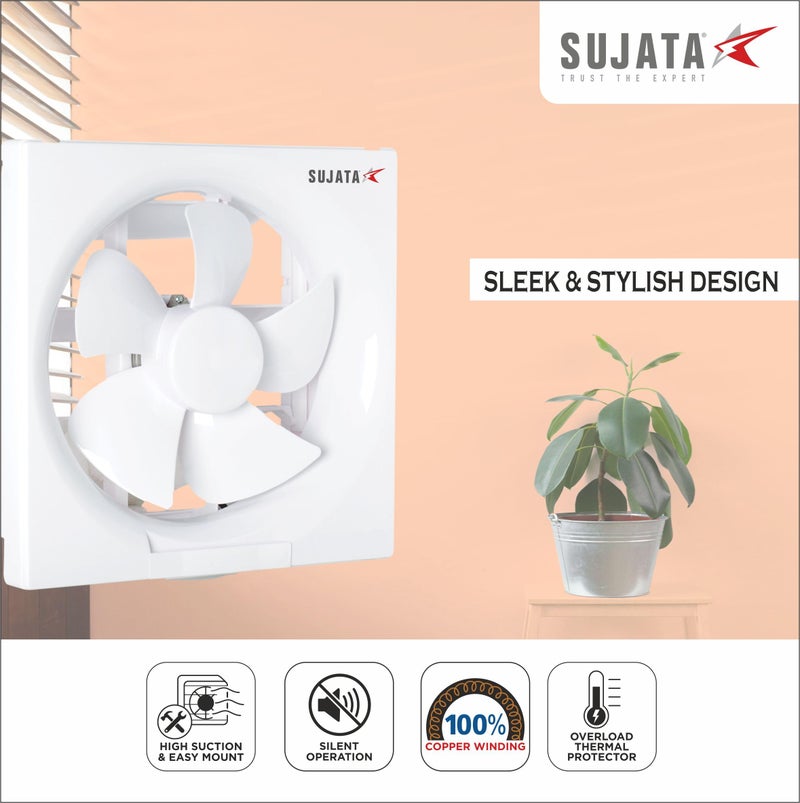 Sujata 8 Inch Premium Exhaust Fan for Kitchen, Bathroom & Office | 2 Years Warranty | 200MM High Air Delivery Exhaust Fan | 1300 RPM | 100% Copper Winding Motor | Strong Air Suction (EPB81 - White) - Image 5