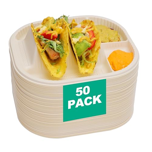 Viotiin 50-Pack Disposable Taco Plates with Room for Sides - Biodegradable Cornstarch - Fits 4-6 Inch Soft or Hard Tortilla Shells - Small Taco Holder Plate - Ideal for Mexican Party - Microwave Safe - Image 1