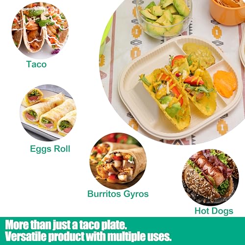 Viotiin 50-Pack Disposable Taco Plates with Room for Sides - Biodegradable Cornstarch - Fits 4-6 Inch Soft or Hard Tortilla Shells - Small Taco Holder Plate - Ideal for Mexican Party - Microwave Safe - Image 5