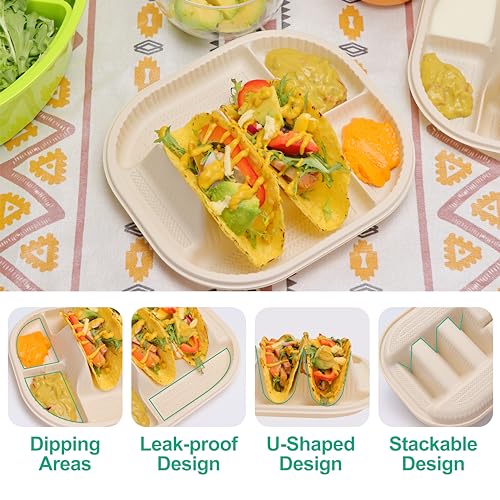 Viotiin 50-Pack Disposable Taco Plates with Room for Sides - Biodegradable Cornstarch - Fits 4-6 Inch Soft or Hard Tortilla Shells - Small Taco Holder Plate - Ideal for Mexican Party - Microwave Safe - Image 4