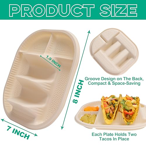 Viotiin 50-Pack Disposable Taco Plates with Room for Sides - Biodegradable Cornstarch - Fits 4-6 Inch Soft or Hard Tortilla Shells - Small Taco Holder Plate - Ideal for Mexican Party - Microwave Safe - Image 2