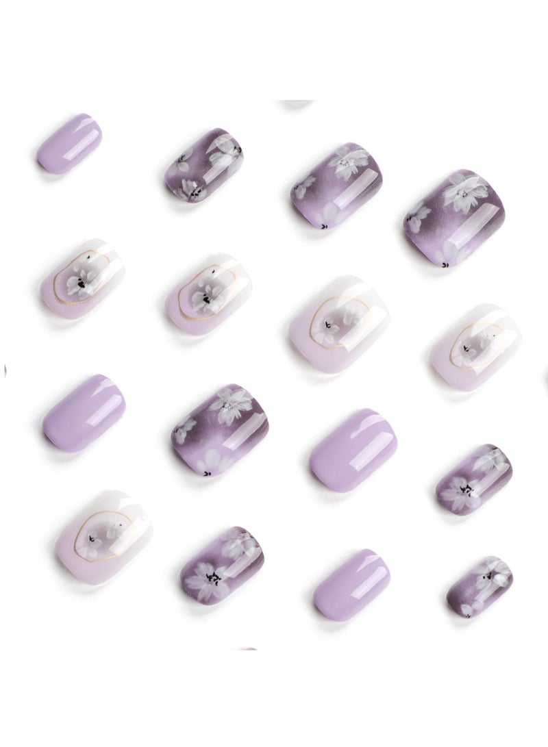 جوسكوين أظافر مرآة أنيقة بتدرج لوني أرجواني مع تصاميم زهور بيضاء - أظافر اصطناعية للنساء والفتيات، 24 قطعة - Image 2