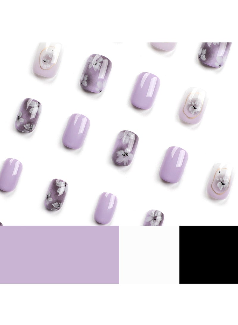جوسكوين أظافر مرآة أنيقة بتدرج لوني أرجواني مع تصاميم زهور بيضاء - أظافر اصطناعية للنساء والفتيات، 24 قطعة - Image 3